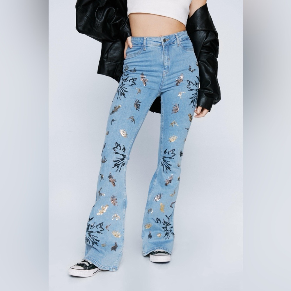 NWT Nasty Gal Sequin Embroidered Flare Jean, 4
